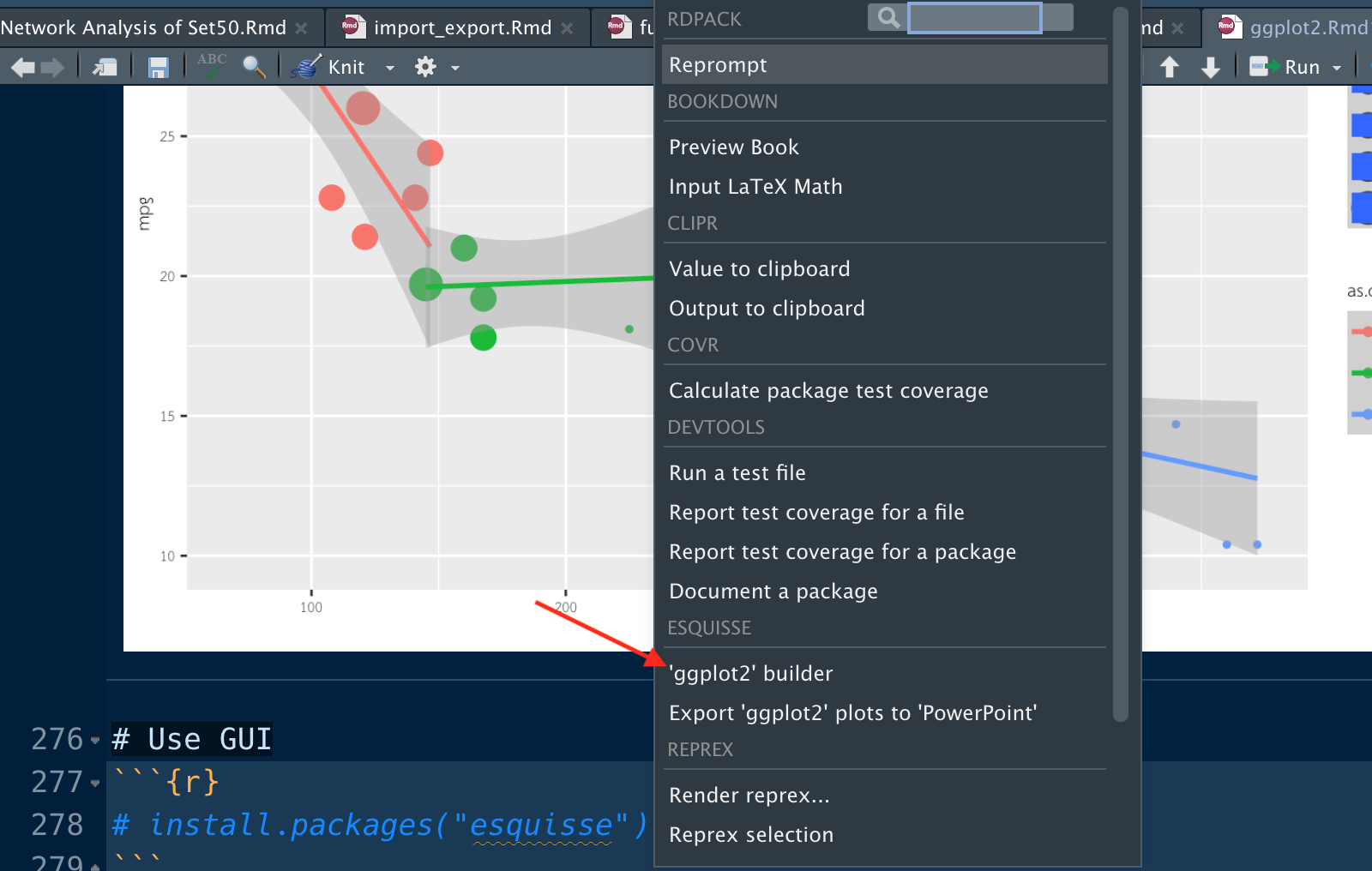 เมื่อติดติดตั้งชุดคำสั่ง esquisse จะมีเมนูให้เลือกใช้