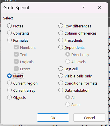 ขั้นที่ 2 กดปุ่ม F5 \rightarrow Go To Special \rightarrow Blanks \rightarrow OK