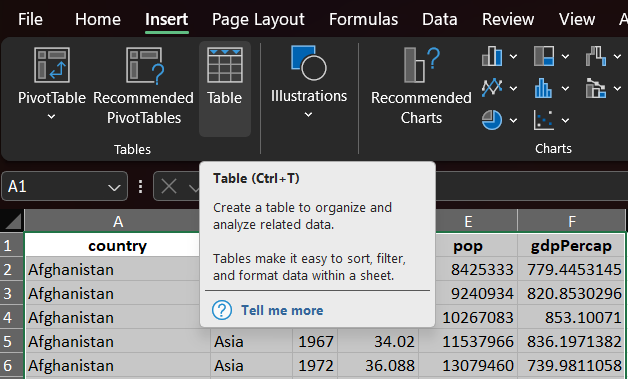 สร้าง table จากเมนู insert