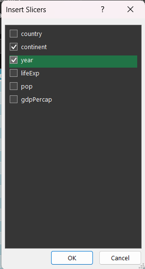 เลือกตัวแปรที่ต้องการใส่ Slicer ตัวย่างนี้เลือก supp กับ dose