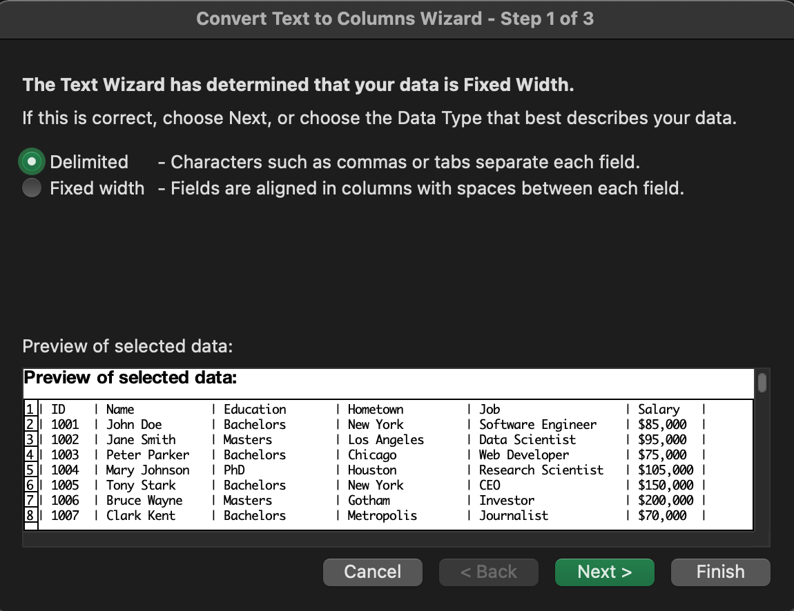 เลือก Delimited แล้วกด Next
