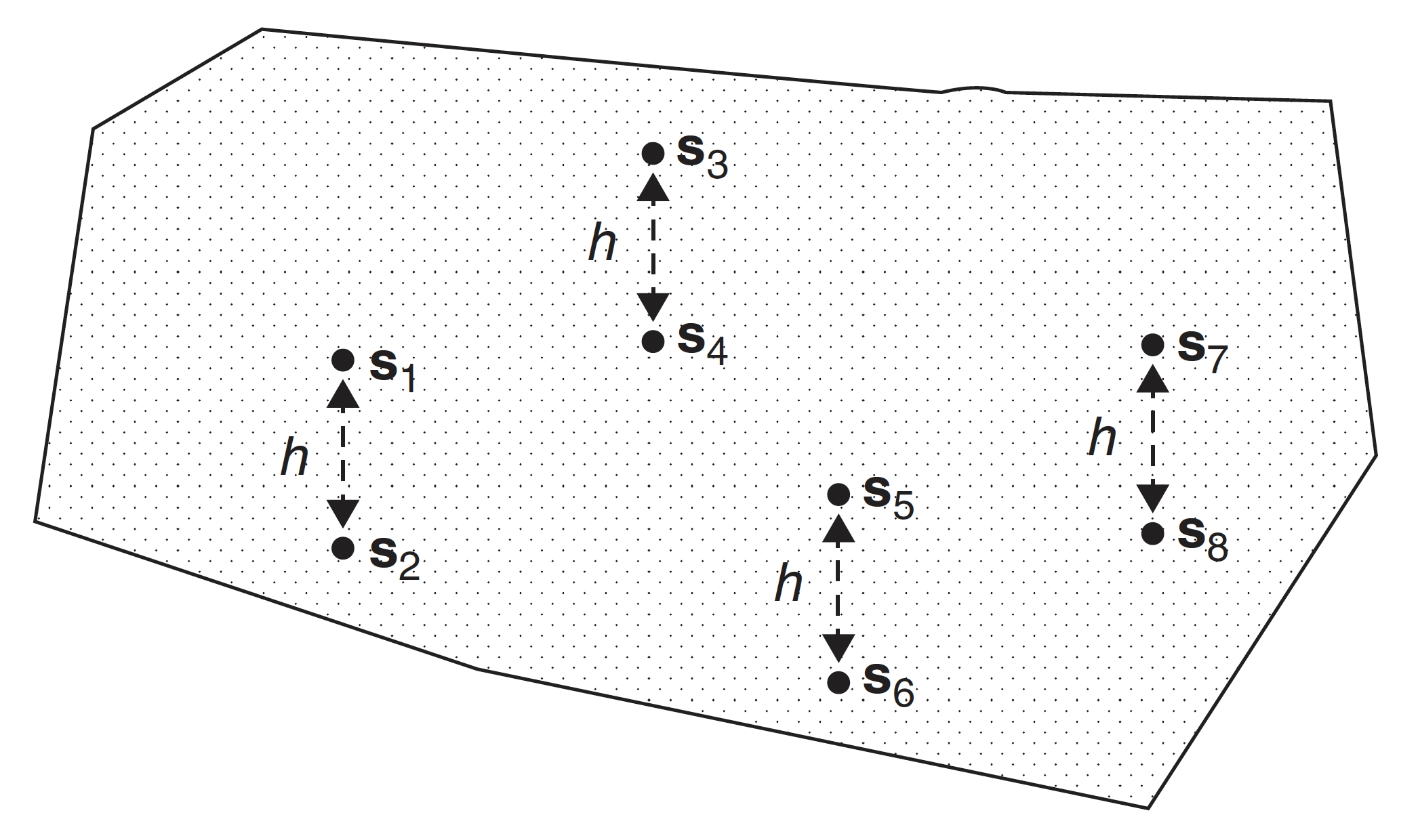 Cuatro pares de puntos separados por una distancia h en un dominio 2D