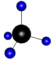 用 rgl 包画出来的甲烷分子立体结构:四个氢原子和一个碳原子。