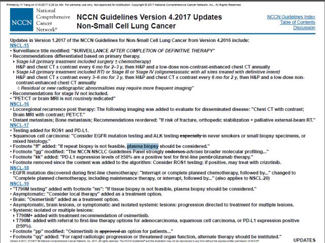 若组织活检不可重复实行,应考虑进行血浆活检。”——NCCN指南,2017年第4版,非小细胞肺癌。